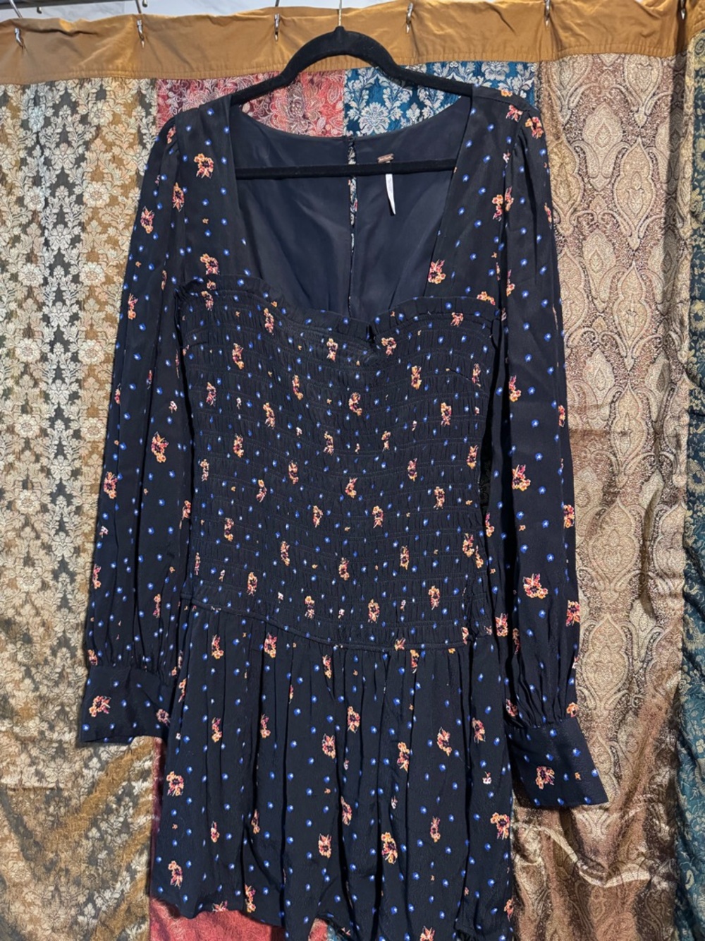 Free People Two Faces Black Floral Long-Sleeve Smocked Mini Dress